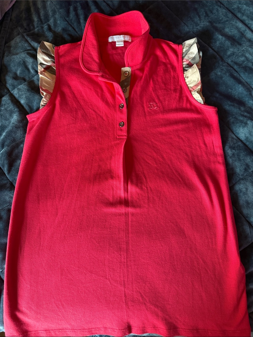 Girls Burberry Sleeveless Red Polo Top with Plaid Trim